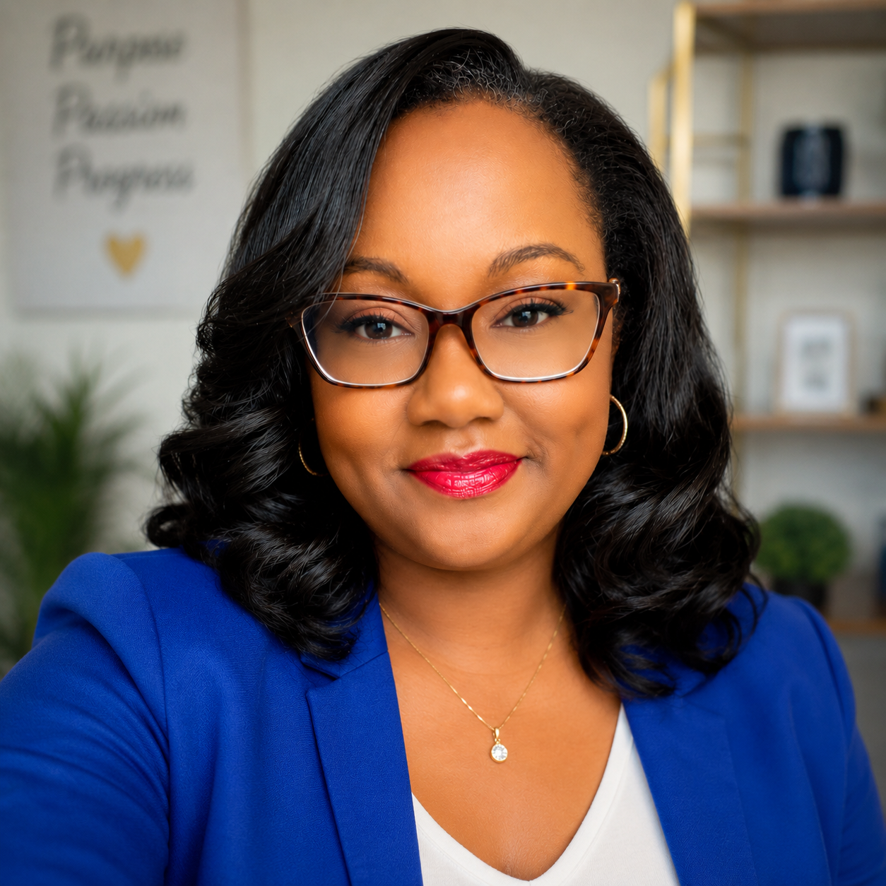 Jasmine Dixon-Norman, author of The Jasmine Pivot, wearing glasses and a blue blazer