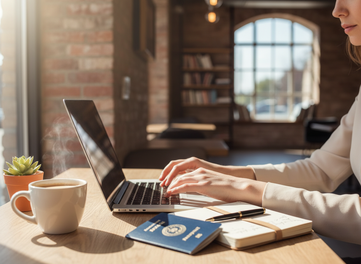 A laptop, passport, and notebook on a café table in warm natural light