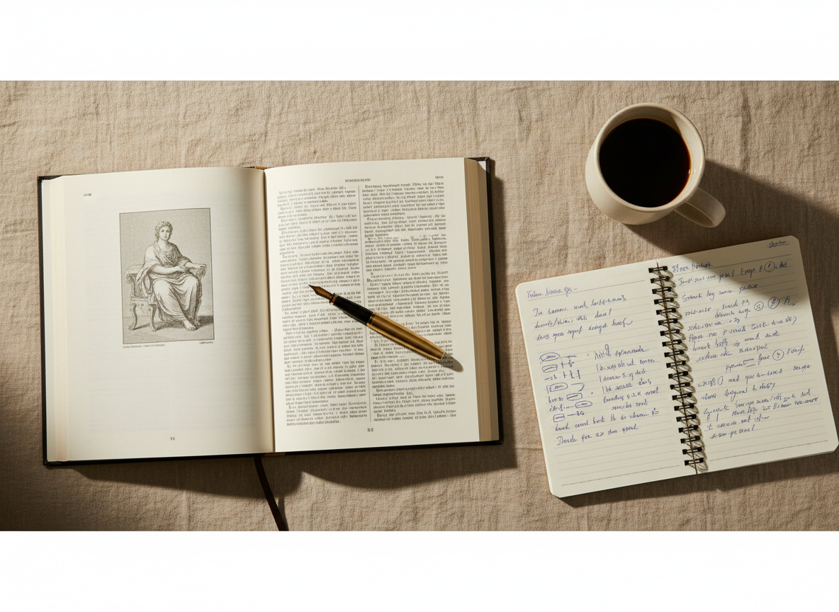 An open textbook, notebook with handwritten notes, pen, and coffee mug on a linen surface