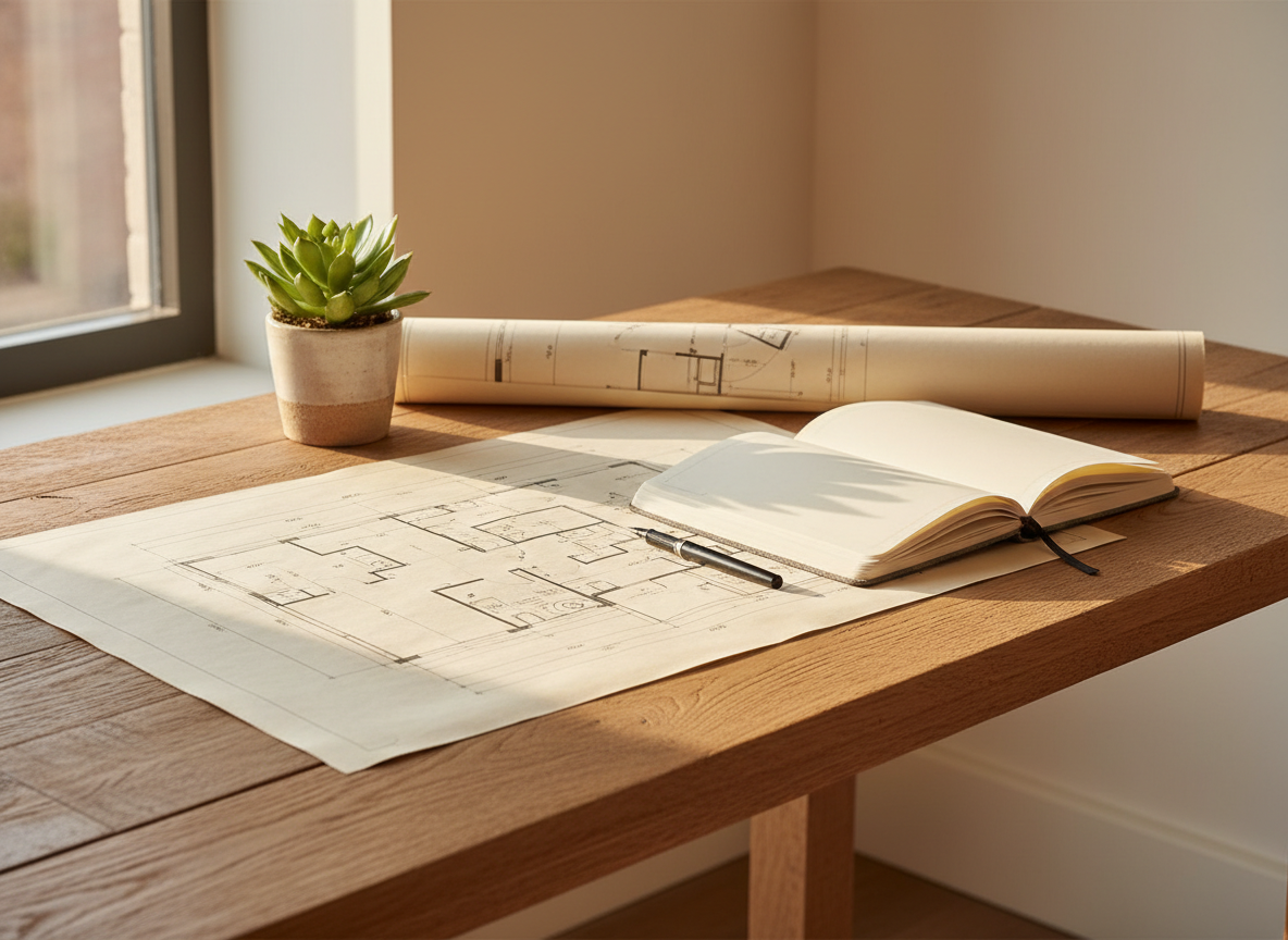 Architectural blueprints, a small potted plant, and an open notebook on a wooden desk